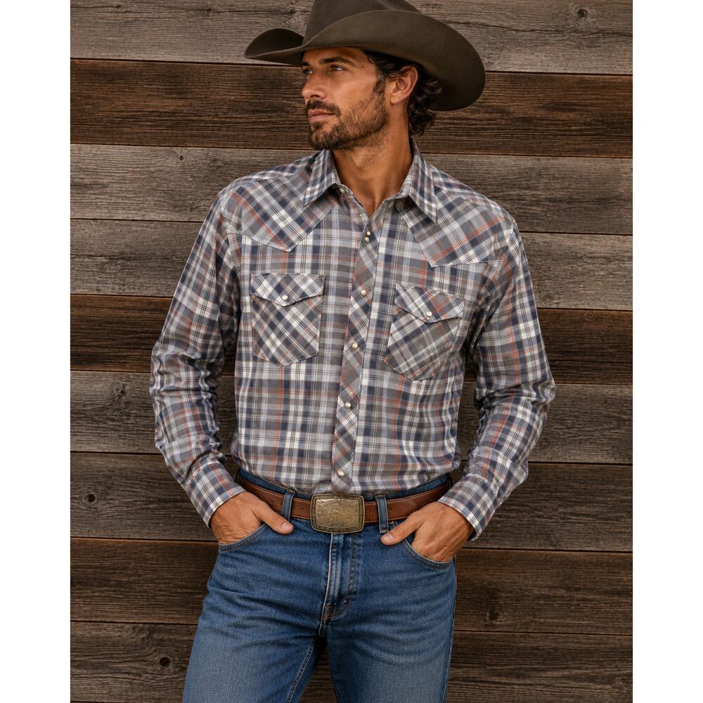 Wrangler Western Shirt Men's Large Gray Plaid Pearl Snap Cowboy Long Sleeve L